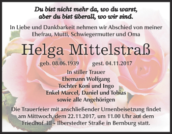 Traueranzeige von Helga Mittelstraß von Super Sonntag Bernburg