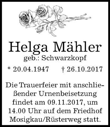 Traueranzeige von Helga Mähler von Mitteldeutsche Zeitung Dessau-Roßlau