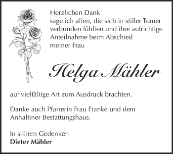 Traueranzeige von Helga Mähler von WVG - Wochenspiegel Dessau / Köthen