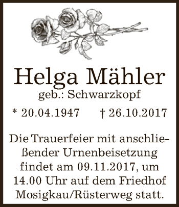Traueranzeige von Helga Mähler von WVG - Wochenspiegel Dessau / Köthen
