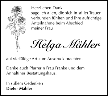 Traueranzeige von Helga Mähler von Mitteldeutsche Zeitung Dessau-Roßlau