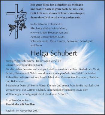 Traueranzeige von Helga Schubert von WVG - Wochenspiegel Wittenberg