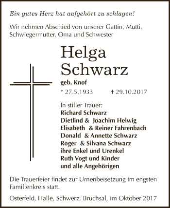 Traueranzeige von Helga Schwarz von Super Sonntag Zeitz