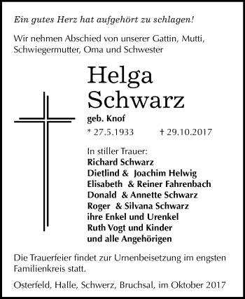 Traueranzeige von Helga Schwarz von Mitteldeutsche Zeitung