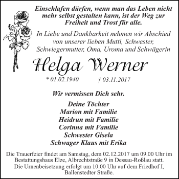 Traueranzeige von Helga Werner von WVG - Wochenspiegel Dessau / Köthen