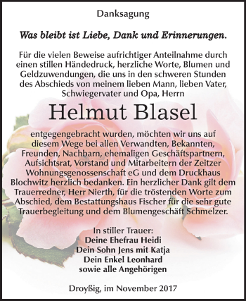 Traueranzeige von Helmut Blasel von Mitteldeutsche Zeitung Zeitz