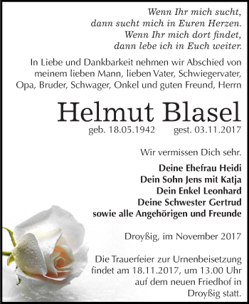 Traueranzeige von Helmut Blasel von Mitteldeutsche Zeitung Zeitz