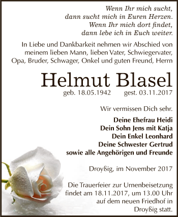 Traueranzeige von Helmut Blasel von Super Sonntag Zeitz