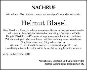 Traueranzeige von Helmut Blasel von Mitteldeutsche Zeitung Zeitz