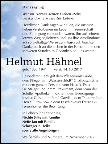 Traueranzeige von Helmut Hähnel von WVG - Wochenspiegel Dessau / Köthen