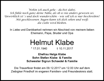 Traueranzeige von Helmut Klabe von Mitteldeutsche Zeitung Dessau-Roßlau