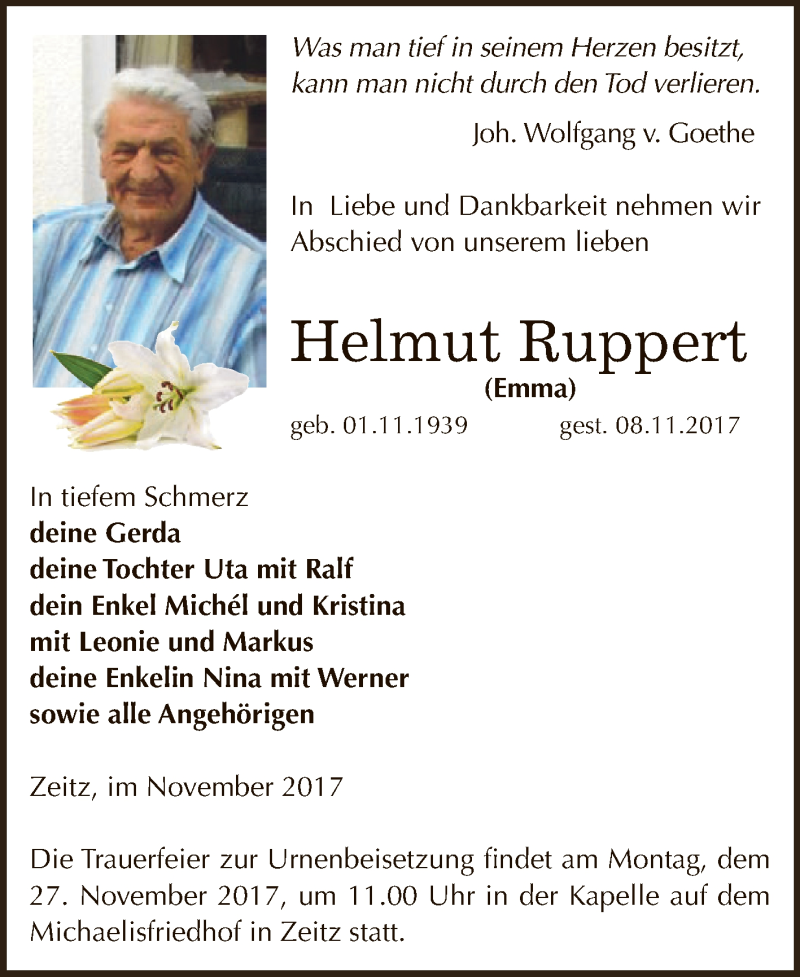  Traueranzeige für Helmut Ruppert vom 11.11.2017 aus Super Sonntag Zeitz