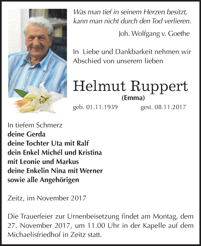  Traueranzeige für Helmut Ruppert vom 11.11.2017 aus Mitteldeutsche Zeitung Zeitz