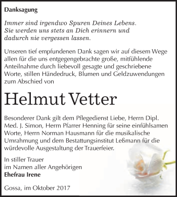 Traueranzeige von Helmut Vetter von WVG - Wochenspiegel Bitterfeld