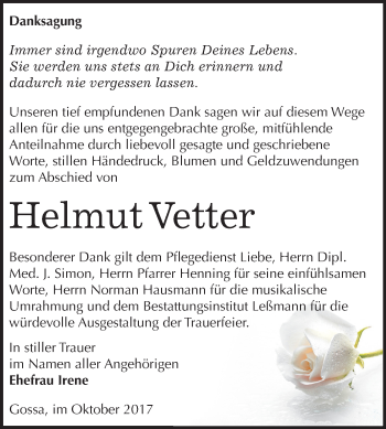 Traueranzeige von Helmut Vetter von Mitteldeutsche Zeitung Bitterfeld