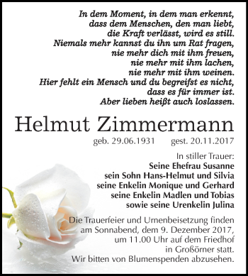 Traueranzeige von Helmut Zimmermann von Mitteldeutsche Zeitung