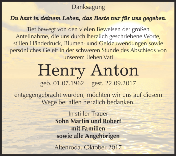Traueranzeige von Henry Anton von WVG - Wochenspiegel NMB / WSF / ZTZ