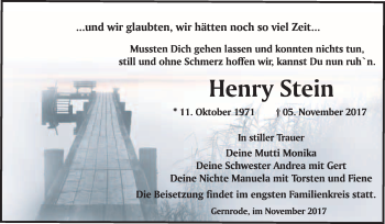 Traueranzeige von Henry Stein von WVG - Wochenspiegel Quedlinburg