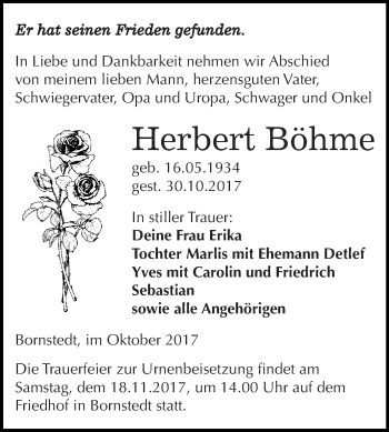 Traueranzeige von Herbert Böhme von Super Sonntag SGH Mansf. Land