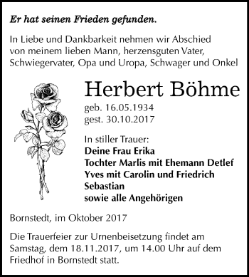 Traueranzeige von Herbert Böhme von Mitteldeutsche Zeitung