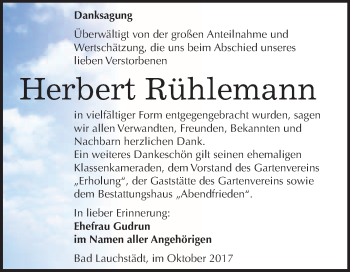 Traueranzeige von Herbert Rühlemann von WVG - Wochenspiegel Merseburg