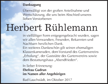 Traueranzeige von Herbert Rühlemann von Mitteldeutsche Zeitung Merseburg/Querfurt