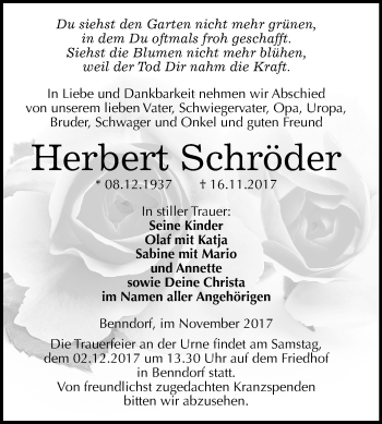 Traueranzeige von Herbert Schröder von Mitteldeutsche Zeitung