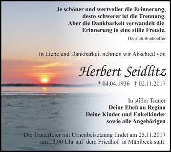 Traueranzeige von Herbert Seidlitz von Mitteldeutsche Zeitung Bitterfeld