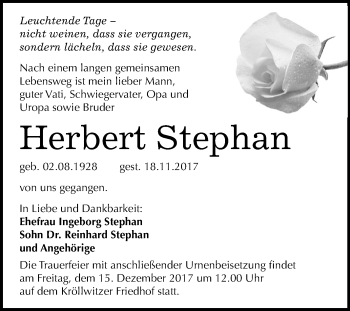 Traueranzeige von Herbert Stephan von Mitteldeutsche Zeitung Halle/Saalkreis