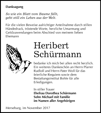 Traueranzeige von Heribert Schürmann von WVG - Wochenspiegel Merseburg