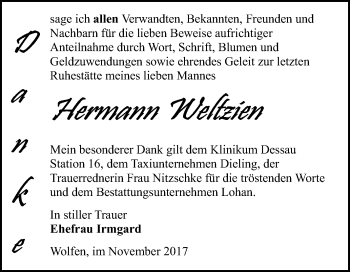 Traueranzeige von Hermann Weltzien von Mitteldeutsche Zeitung Bitterfeld