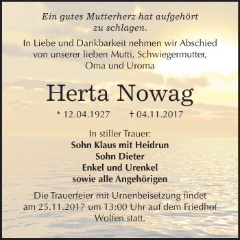 Traueranzeige von Herta Nowag von Mitteldeutsche Zeitung Bitterfeld