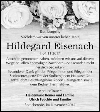 Traueranzeige von Hildegard Eisenach von Mitteldeutsche Zeitung Sangerhausen