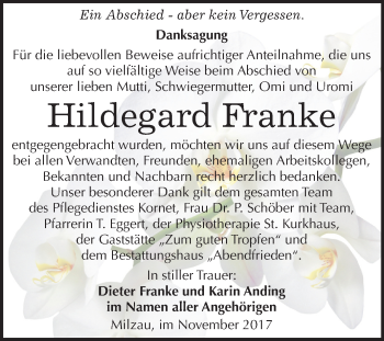 Traueranzeige von Hildegard Franke von Mitteldeutsche Zeitung