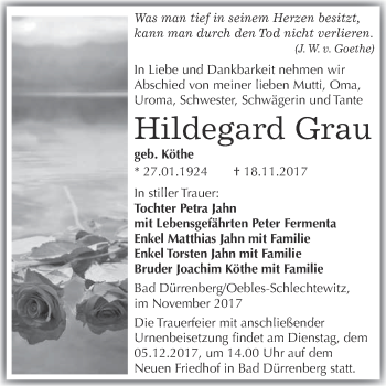 Traueranzeige von Hildegard Grau von Super Sonntag Merseburg