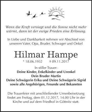 Traueranzeige von Hilmar Hampe von WVG - Wochenspiegel Bitterfeld