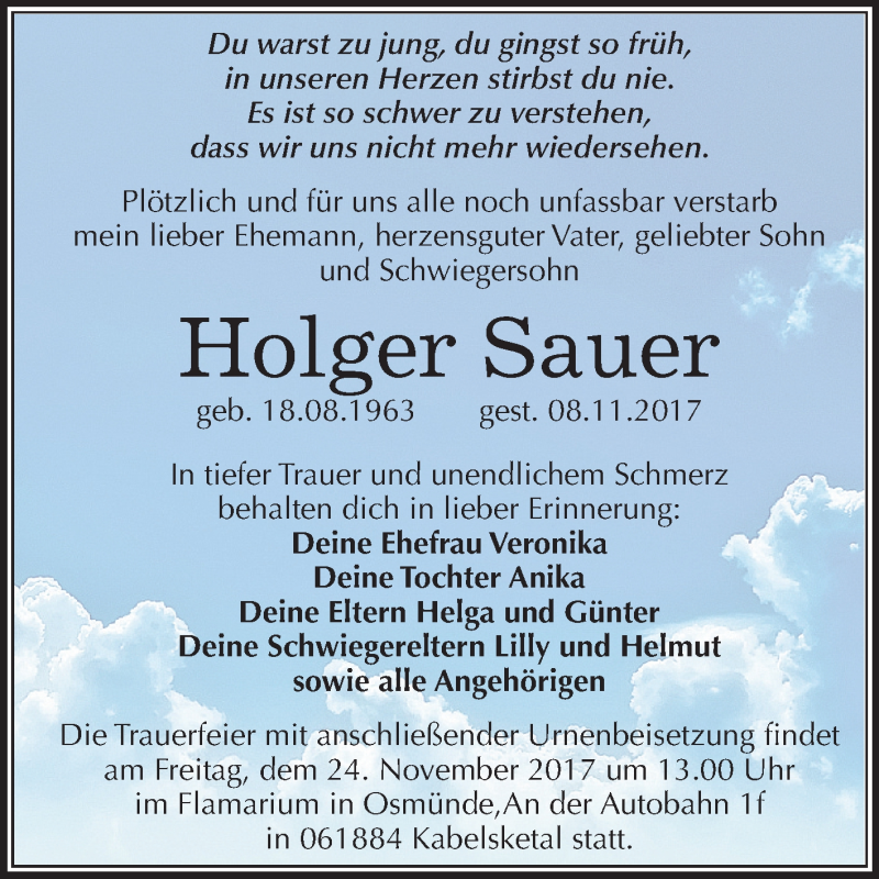  Traueranzeige für Holger Sauer vom 18.11.2017 aus Mitteldeutsche Zeitung Merseburg/Querfurt