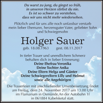 Traueranzeige von Holger Sauer von Mitteldeutsche Zeitung Merseburg/Querfurt