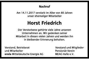 Traueranzeige von Horst Friedrich von Mitteldeutsche Zeitung Halle/Saalkreis