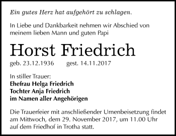 Traueranzeige von Horst Friedrich von Mitteldeutsche Zeitung Halle/Saalkreis