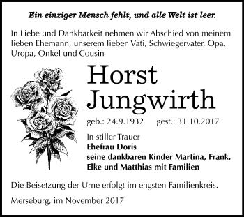 Traueranzeige von Horst Jungwirth von WVG - Wochenspiegel Merseburg