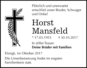 Traueranzeige von Horst Mansfeld von Mitteldeutsche Zeitung Köthen