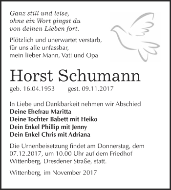 Traueranzeige von Horst Schumann von WVG - Wochenspiegel Wittenberg
