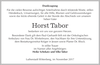 Traueranzeige von Horst Tabor von Super Sonntag Wittenberg