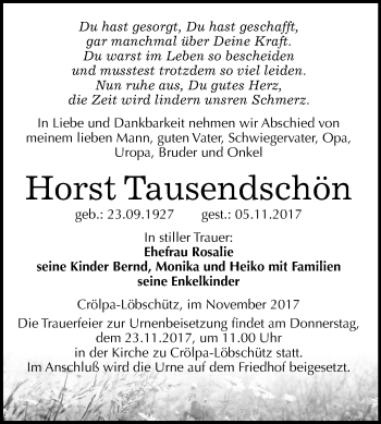 Traueranzeige von Horst Tausendschön von Mitteldeutsche Zeitung