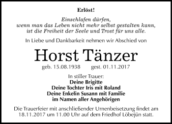 Traueranzeige von Horst Tänzer von Mitteldeutsche Zeitung