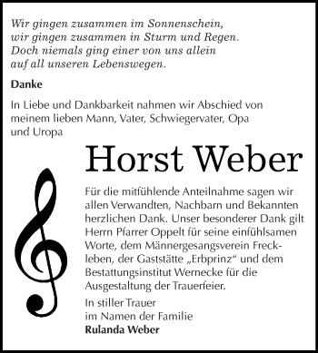 Traueranzeige von Horst Weber von Super Sonntag Aschersleben
