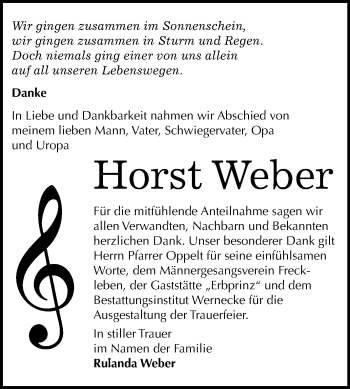 Traueranzeige von Horst Weber von Mitteldeutsche Zeitung Aschersleben