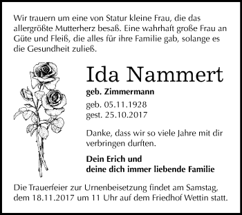Traueranzeige von Ida Nammert von Mitteldeutsche Zeitung Halle/Saalkreis