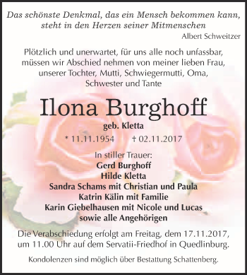 Traueranzeige von Ilona Burghoff von Super Sonntag Quedlinburg